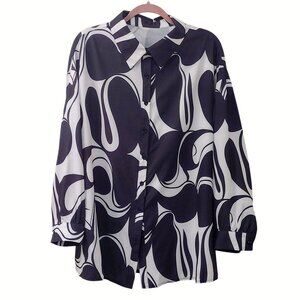 Long Sleeve Button-Down Blouse, Size 2XL, Black and White